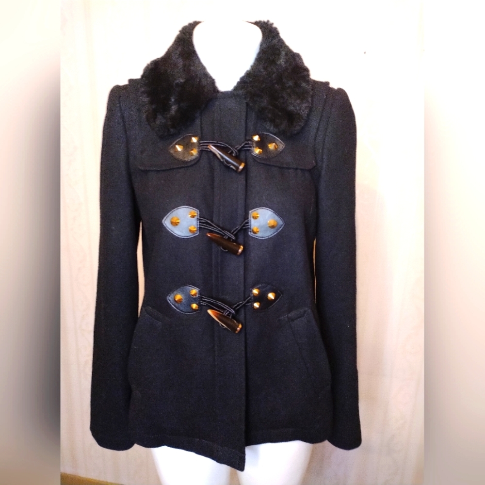 RareJuicy Couture wool black jacket with toggle buttons and removable fur collar